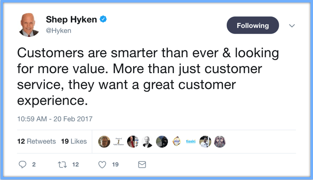 Shep Hyken Twitter Customers are smarter than ever & looking for more value. More then just customer service, they want a great customer experience.