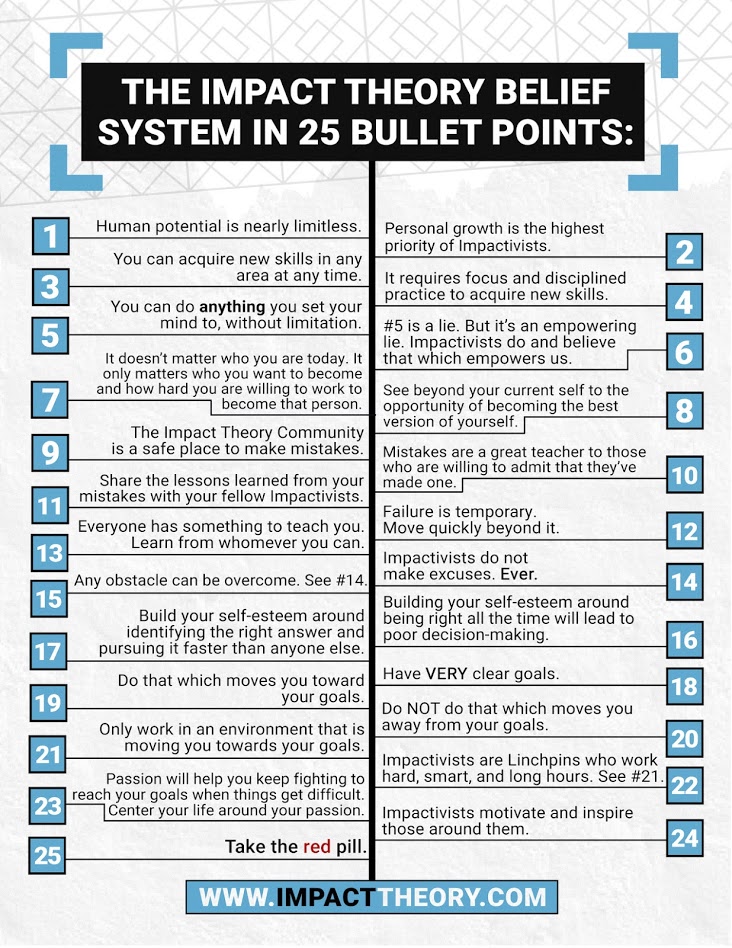 The impact theory belief system in 25 bullet points.