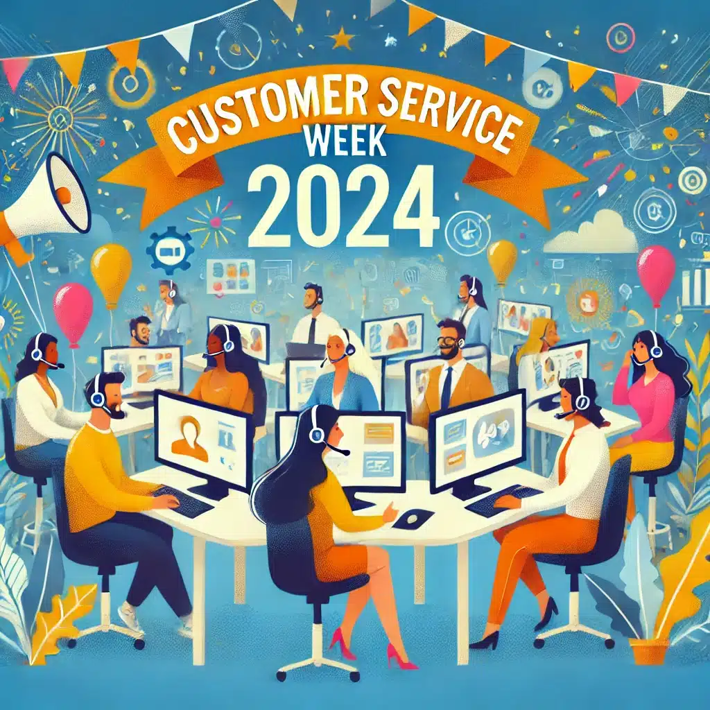 Illustration of a diverse PATLive team of remote customer service workers celebrating Customer Service Week 2024. The team is working from home, engaged in virtual meetings on computers, with festive elements like confetti, banners, and balloons in the background, symbolizing a positive and inclusive celebration.
