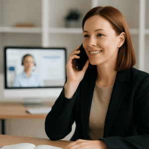 Businesswoman taking a call while a virtual receptionist is displayed in the background on a monitor, representing professional call handling.