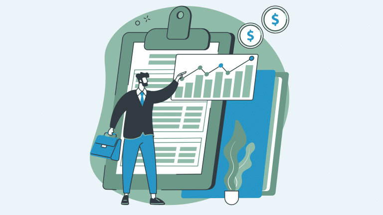 Business professional presenting customer service ROI growth chart, symbolizing financial success and performance improvement.