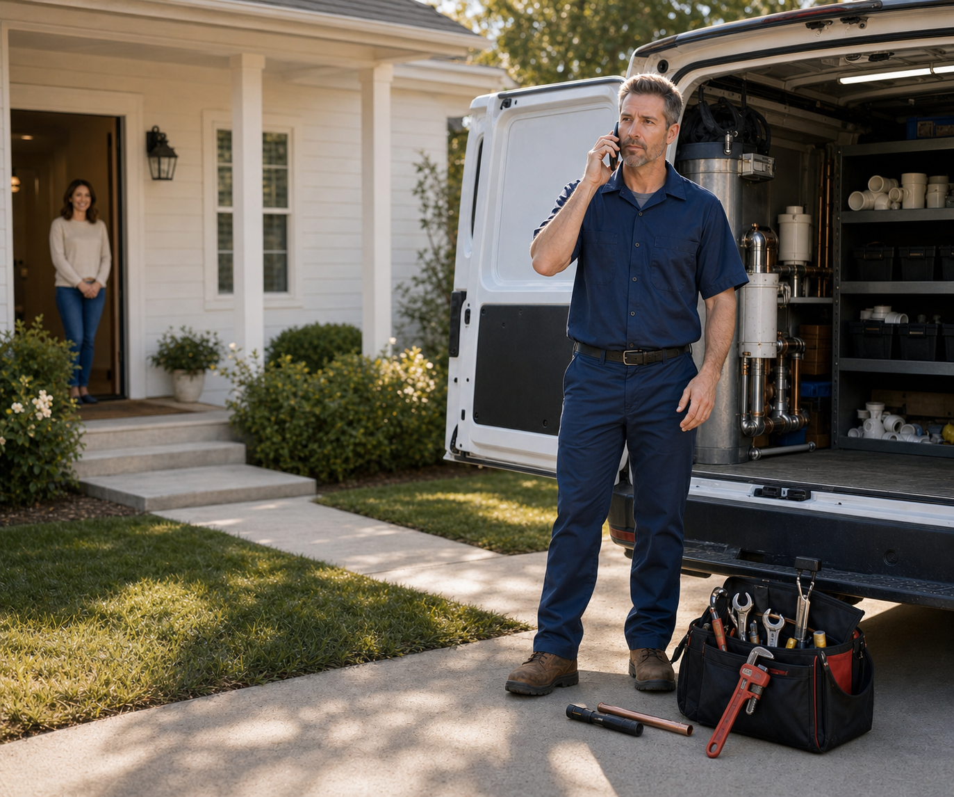 A plumber speaks with a customer by phone beside his service van while a homeowner waits at the front door.