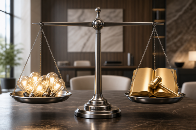 A brass balance scale with legal books on one side and glowing lightbulb icons on the other, representing lead quality and volume in a law firm.