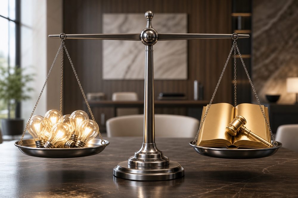 A brass balance scale with legal books on one side and glowing lightbulb icons on the other, representing lead quality and volume in a law firm.